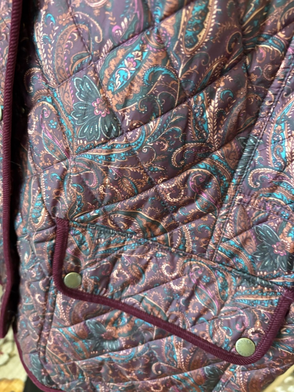 Talbots Quilted Paisley Puffer Jacket - Burgundy with Teal Accents - Picture 9 of 9